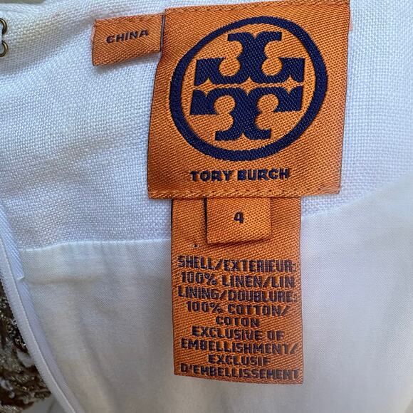 Tory Burch Beaded Mini Dress Tunic Sz 4 White Linen Brown Floral Embellished - Picture 7 of 16